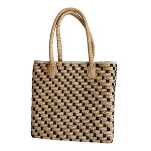Woven Straw Checkered Beach Tote Bag